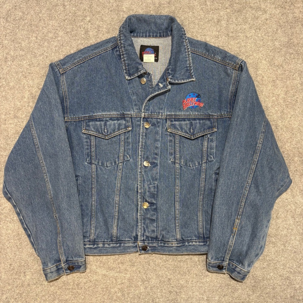 Vintage Planet Hollywood Washington DC Denim Jacket Mens Large Blue Trucker 90s